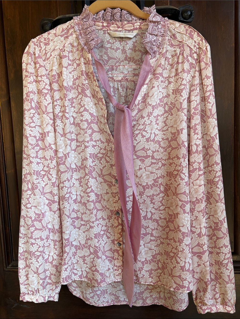 Lauren Conrad Floral Tie Neck Blouse in Pink & White